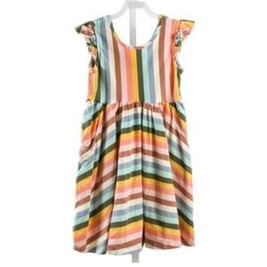 Rainbow Girls Ruffle Sleeve Stripe Dress Pockets US 10